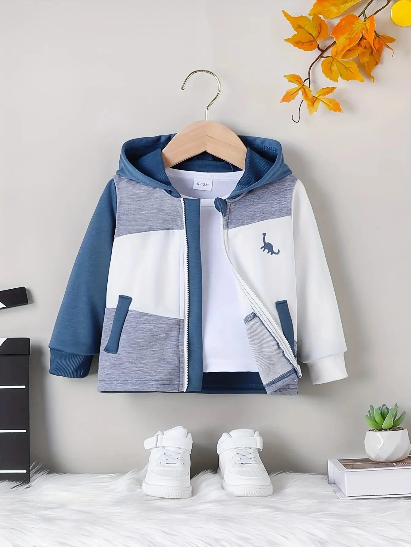Hooded Coat Spring and Autumn Baby Boy Casual Sports Patchwork Little Dinosaur Pattern Hooded Coat Comfortable Stylish Zipper Long-Sleeved