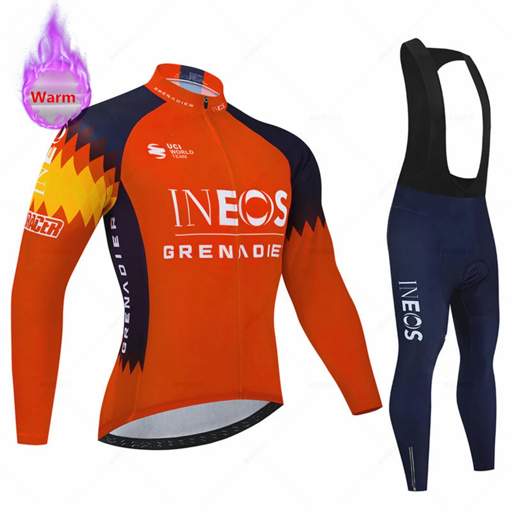 Ineos Winter Cycling Jersey Set Men Thermal Fleece Bicycle Clothing MTB Bike Bib Pants