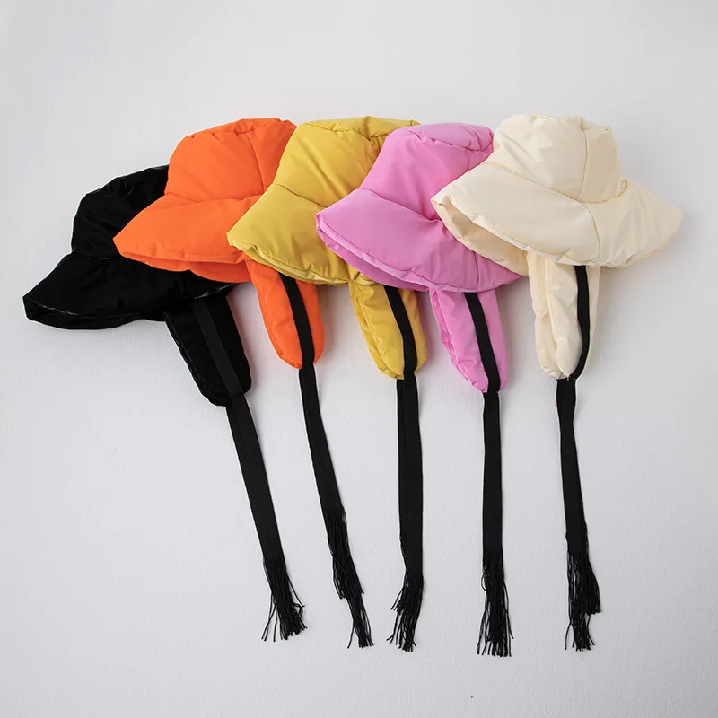 

Winter Euro American Fashion Streamer Down Cotton Bucket Hat Cute College Style Versatile Street Winter Basin Hat New