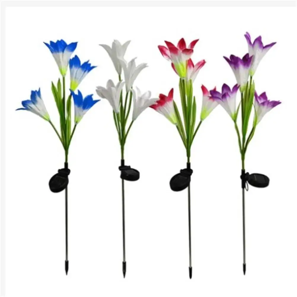 Outdoor Solar Gate Lights With 4 Lily Flowers Ip65 Waterproof Adjustable For Garden Pathway Patio Landscape Decor Backlight Lamp