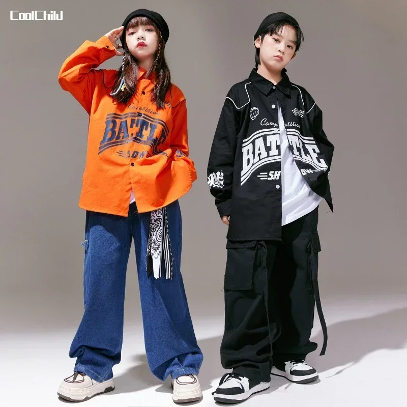 힙합 소녀 멋진 셔츠 느슨한 청바지 소년 재즈 자켓 카고 바지 어린이 streetwear 의상 어린이 거리 댄스 의류 세트