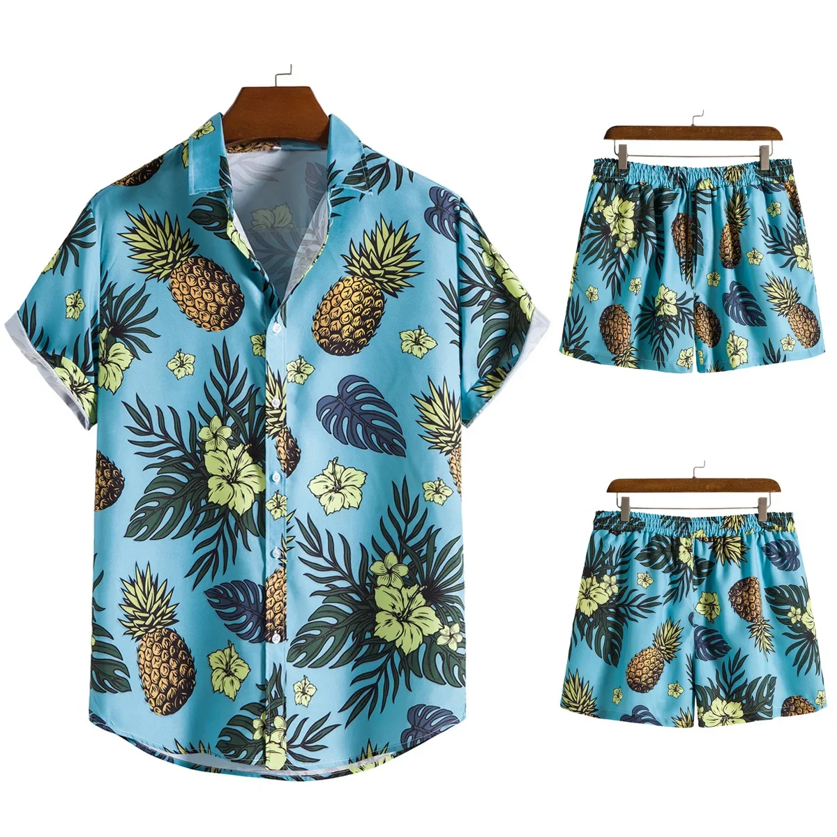 

Pineapple Print Shirts Men Short Sleeve Hawaiian Shirt Suit Casual Shirts Shorts 2 Piece Sets Men Summer Beach Vacation Clothing