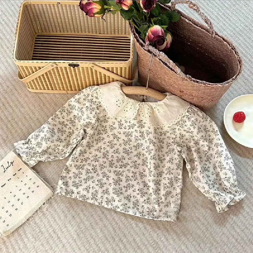 

Kawaii Peter pan Colla Floral Long Sleeve T-shirt For Girls New In Korean Children's Clothing 2023 Spring autumn Top 2 to 8 Year