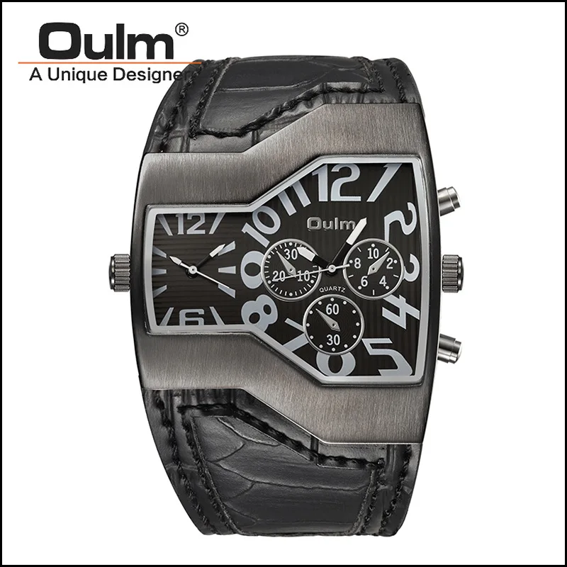 Oulm Classic Style Two Time Zone Men's Watches PU Leather Wristwatch Male Quartz Clock Casual Man Hours Relogio Masculino