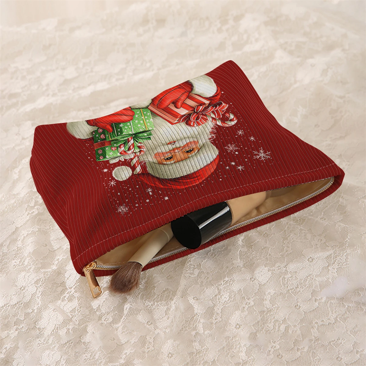 1 Christmas themed corduroy makeup bag, lightweight zipper makeup storage box, multifunctional bag with lining