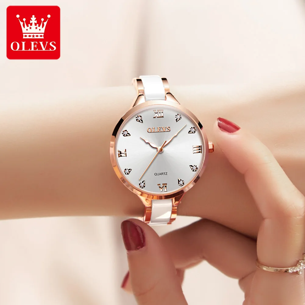 OLEVS 5872 Elegant Women Watches Luxury Stainless Steel White Ceramics Strap Waterproof Fashion Ladies Quartz Wristwatches Clock