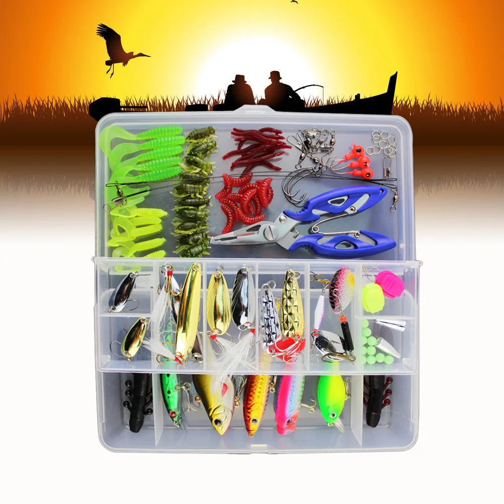 

101 Pcs Fishing Lures Kit Full Fishing Tackle Box Including Spinners Treble Hooks Single Hooks Swivels Pliers