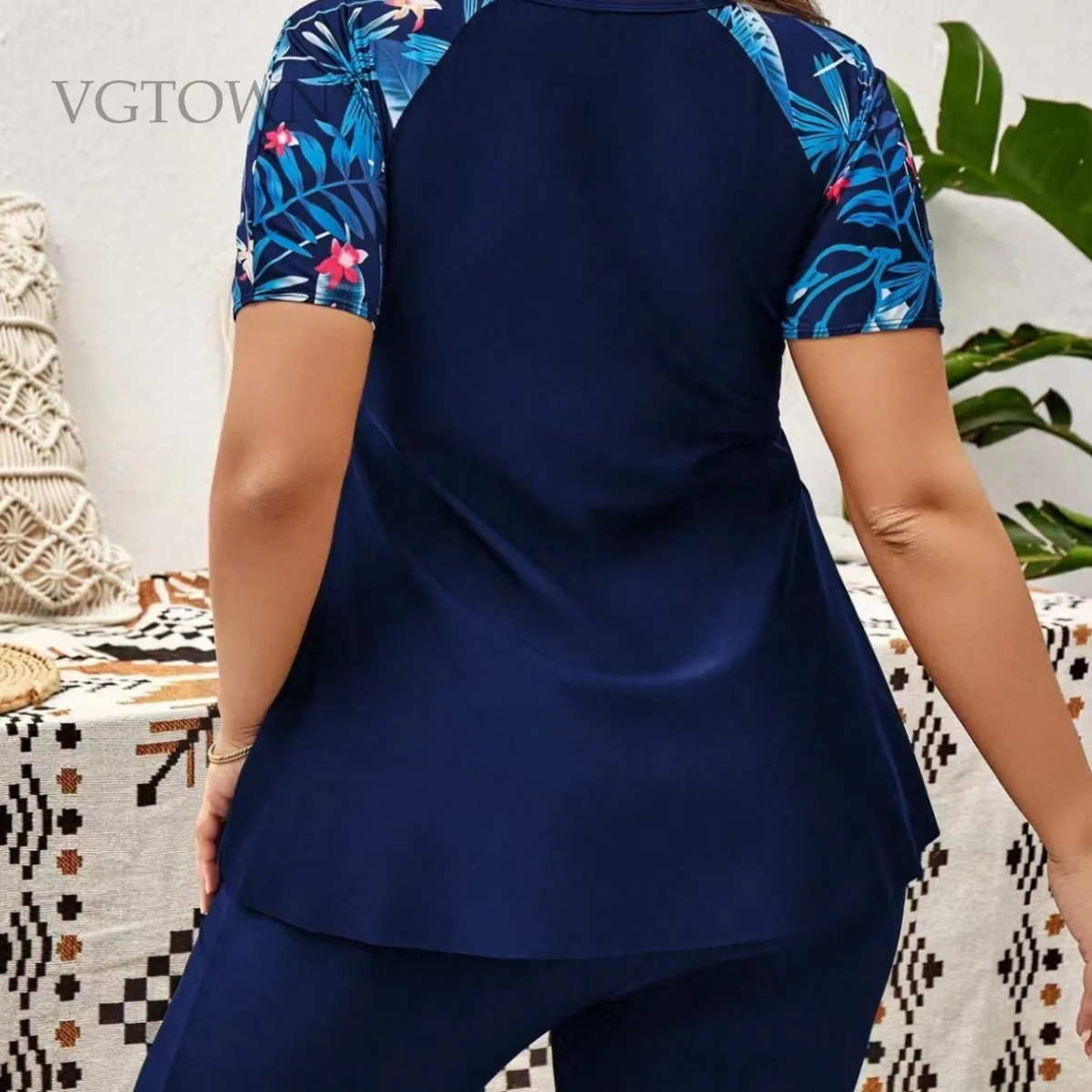 Tankini 0XL-4XL Plus Size Swimsuit European and American Printed One-piece PLUS Swimsuit Split Leg Pants