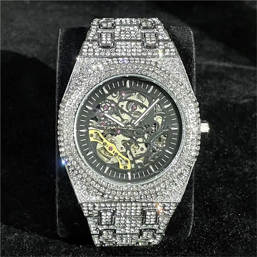 MISSFOX Luxury Skeleton Watches Men Steel Fashion Waterproof Automatic Mechanical Wristwatch HipHop Full Iced Diamond Clock 2023 luxury automatic mechanical watch men hip hop brand missfox steel full iced diamond jewelry gold wristwatch fashion man 2023 new