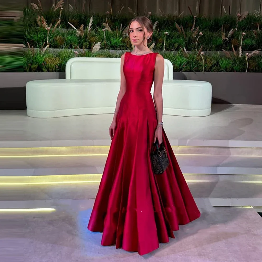 

Simple Red Satin A Line Evening Dresses Arabic O-Neck Long Party Formal Gowns Sleeveless Vintage Prom Dresses Arabic Women