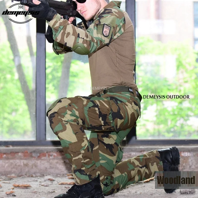 Woodland Camouflage Uniform Tactical Combat Suit Airsoft War Game Clothing Shirt + Pants Elbow Knee Pads tactical suit,combat uniform
