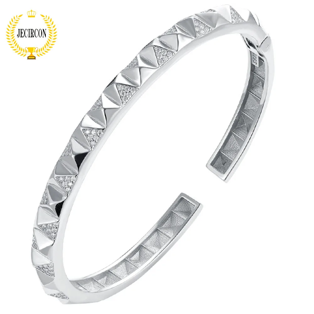JECIRCON Moissanite Diamond Bangle for Women 925 Sterling Silver Rhombus Full Diamond Fashionable Exquisite Opening Hand Jewelry