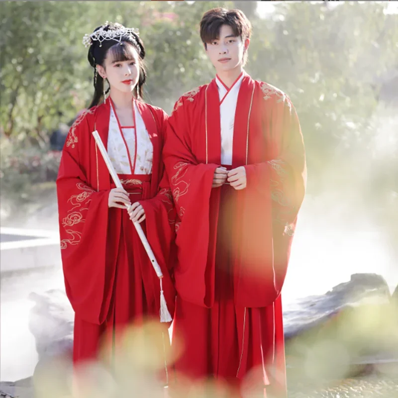 

Платье ханьфу большого размера 4XL, парные китайские традиционные костюмы для косплея, 2023 мужские и женские старинные бело-красные наборы Hanfu из 3 предметов для пар