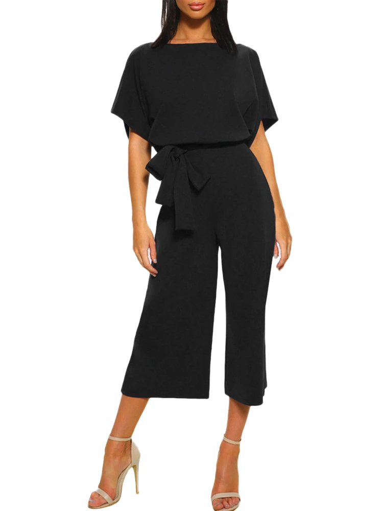 

Women's Jumpsuit Casual Slim Comfortable Fashion Loose Elegant Wide Leg Pants with Bow Tie Bat Sleeves Short Sleeved Clothing