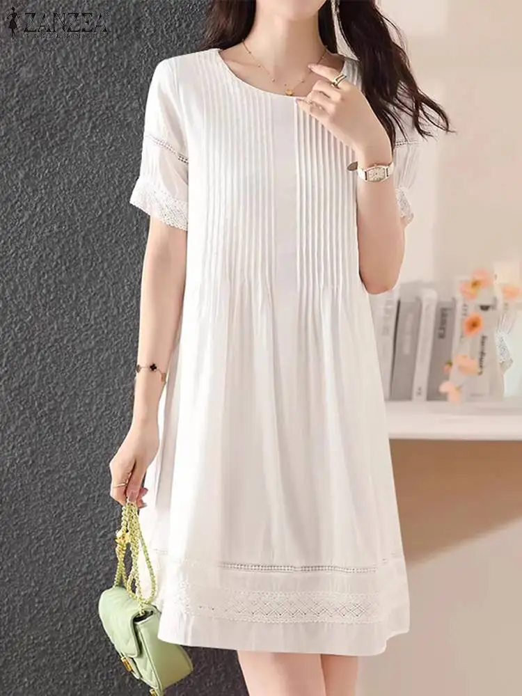 

ZANZEA Elegant O-Neck Dress Korean Women Mini Dress 2024 Summer Lantern Short Sleeve Robe Vintage Lace Stitching Pleated Vestido