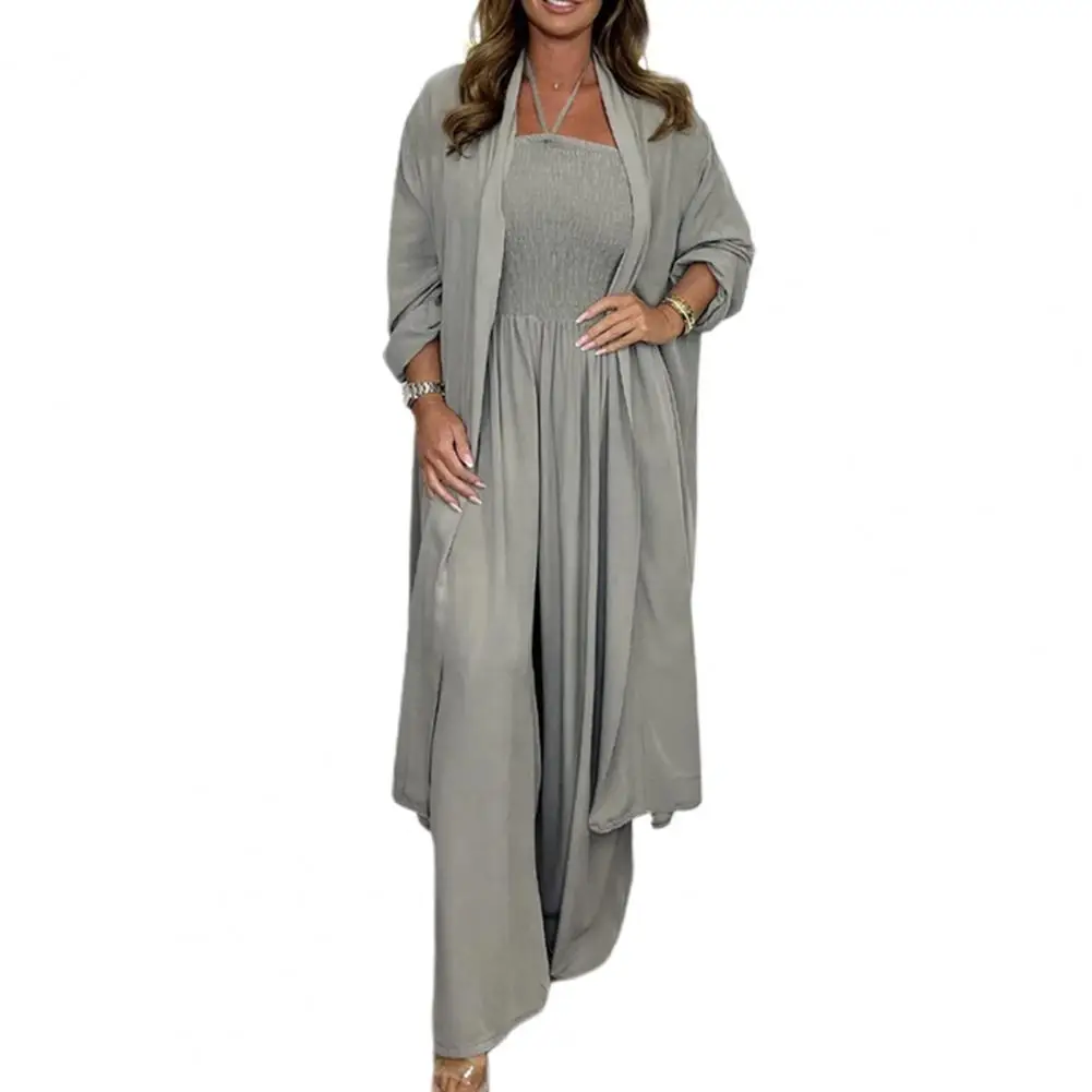 Lady Spring Outfit Stylish Summer Women's 2-piece Set Halter Neck Jumpsuit with Wide Leg Pants Long Sleeve Cardigan for Women women halter neck jumpsuit stylish summer women s 2 piece set halter neck jumpsuit with wide leg pants long sleeve for women