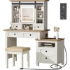 Farmhouse Makeup Vanity Desk with Sliding Mirror and Lights Antique White Makeup Vanity Table Set with Charging Station 6Drawers 1