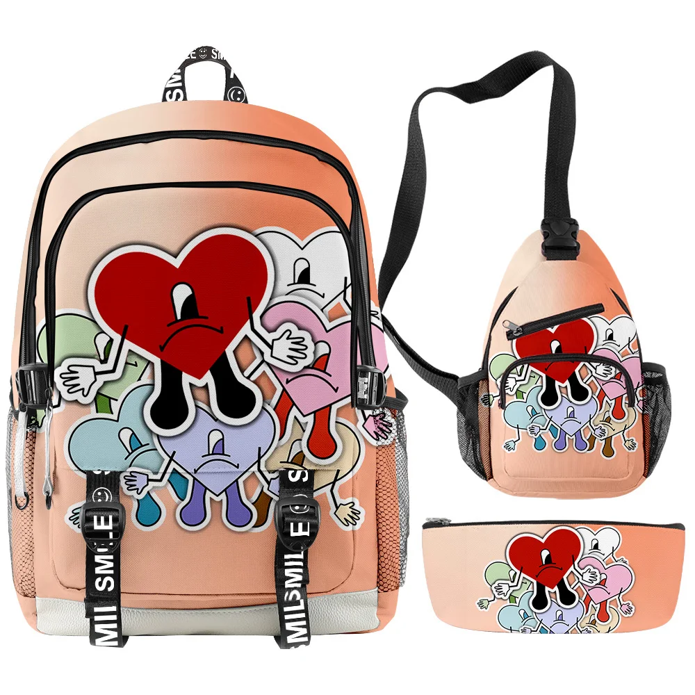

Fashion Novelty Funny Bad Bunny 3D Printed 3pcs/Set Student School Bags multifunction Travel Backpack Chest Bag Pencil Case