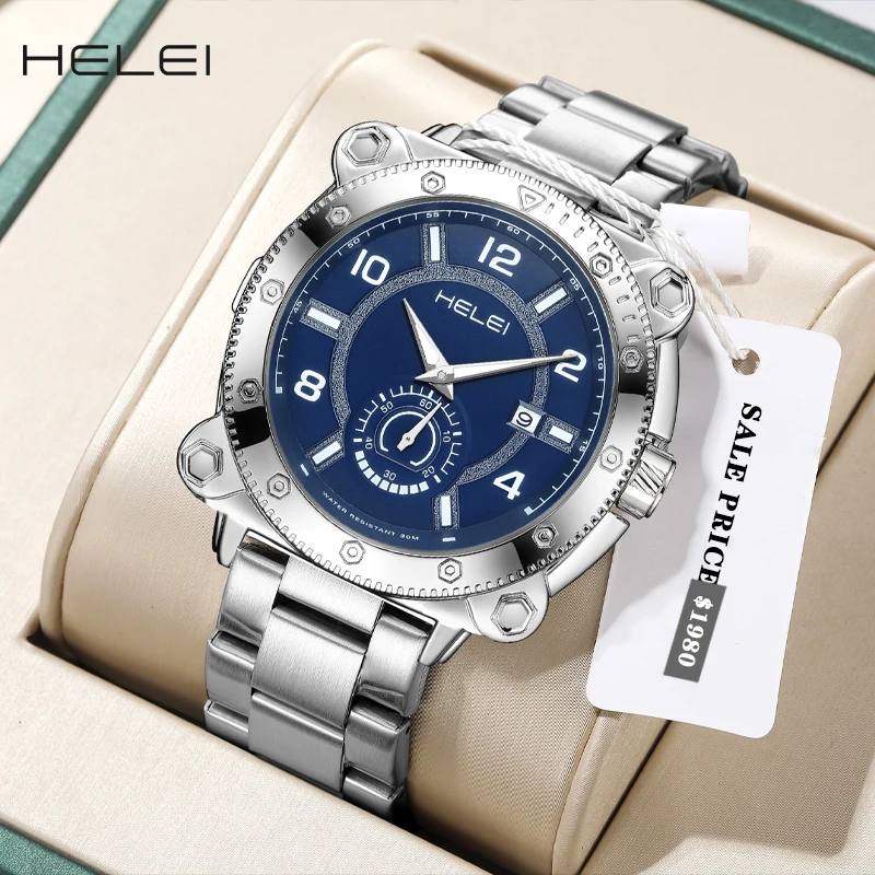 HELEI Luxury Men's Watch Stainless Steel Sport Luminous Fashion Quartz Men's Fashion Quartz Watch Waterproof Luminous