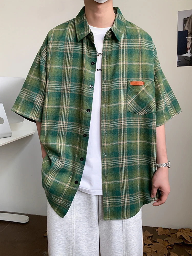 Casual Short Sleeved Shirt Short Sleeved Shirt Summer Men Shirt Plaid Cotton Short Sleeve Plus Size 6XL 7XL 8XL 10XL Green Oversize Formal Casual Designer