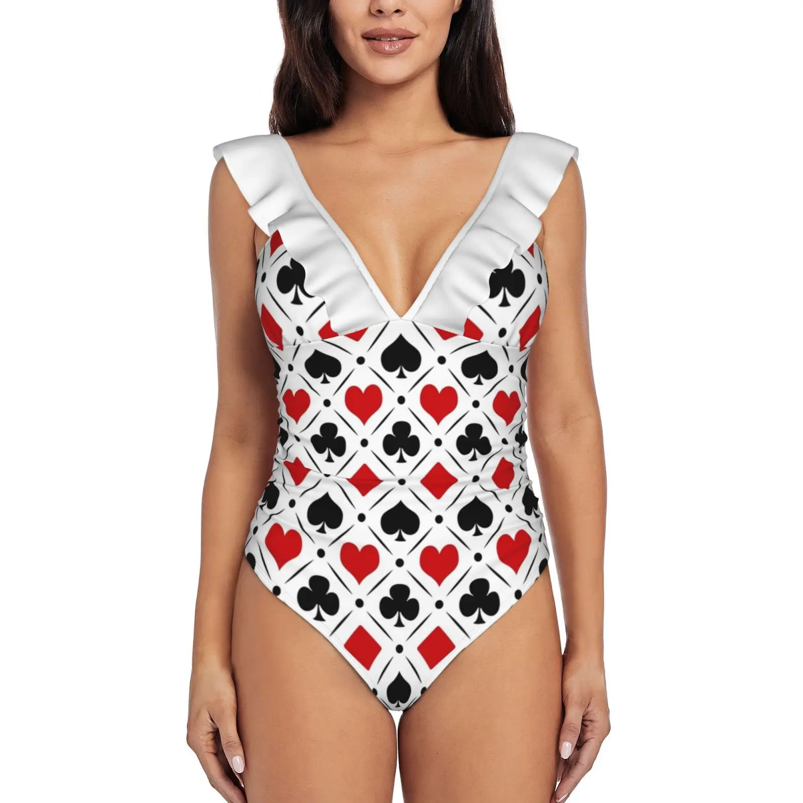 

Playing Card Suits Sexy One Piece Swimsuit Women Swimwear Monokini Ruffle Bathing Suit Beach Wear Playing Suits Four Suits Game