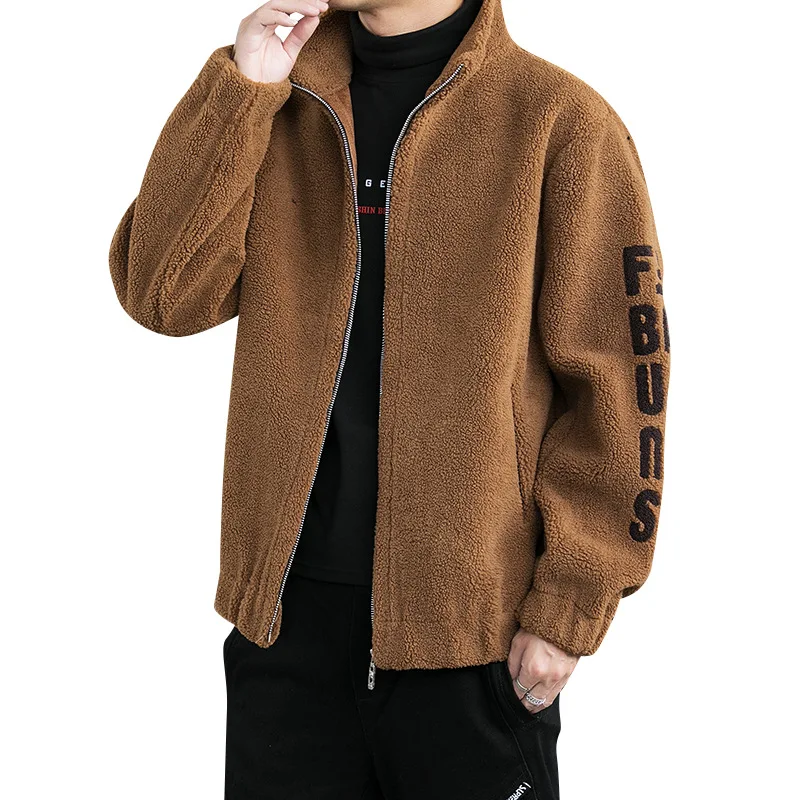 

Autumn Winter Men Bomber Jacket Stand Collar Embroidery Fleece Jacket Military Coat Shaker Lamb's Wool Casual Tops Male Korean