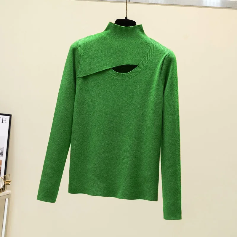

Fashion Cut Out Sweater Autumn Winter Half High Collar Pullovers Elegant Bottoming Tops Casual Solid Slim Clothes Jumper 28741