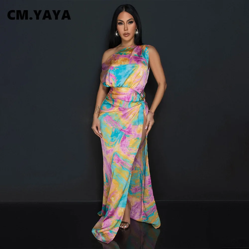 Women Skew Collar Tie-dye Print Long Dress Summer