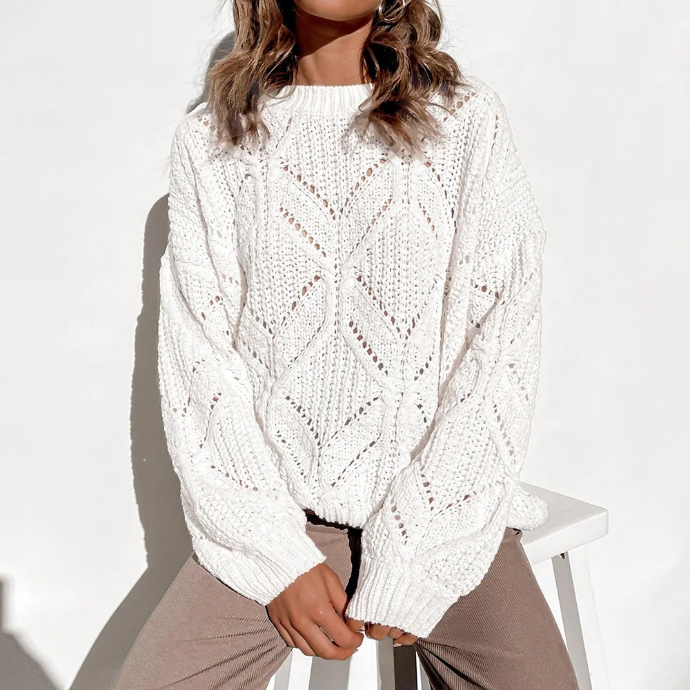 

Casual O-neck Long Sleeve Autumn Pullovers 2022 Boho Knit Solid Sweater Vintage Hollow Out Loose Pullover Sweaters for Women
