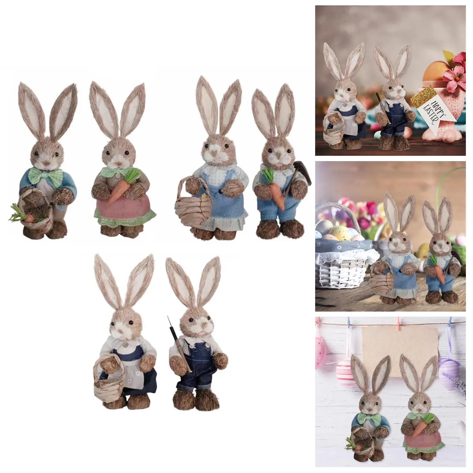 2Pcs Straw Easter Decorations Bunny Statues with Clothes Animal Standing for Floor home and indoor Party Wedding