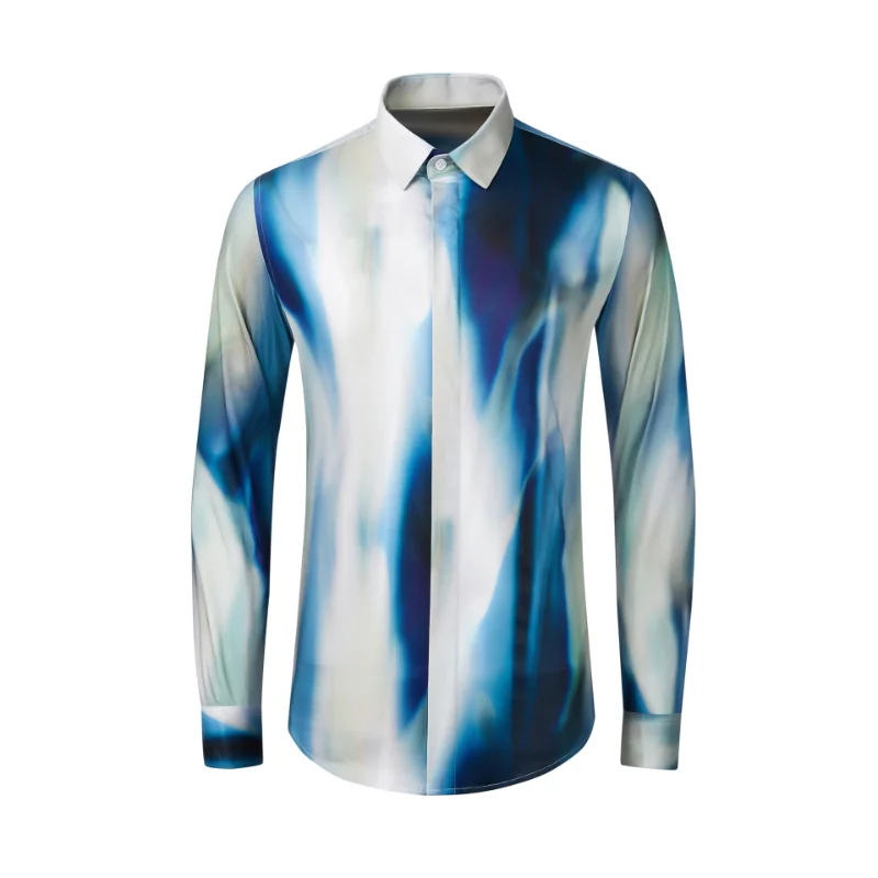 

New Arrival Fashion Products In Autumn Winter Ink Dyed Blue Digital Printed Long Sleeve Shirt for Men's National Style Size 4XL