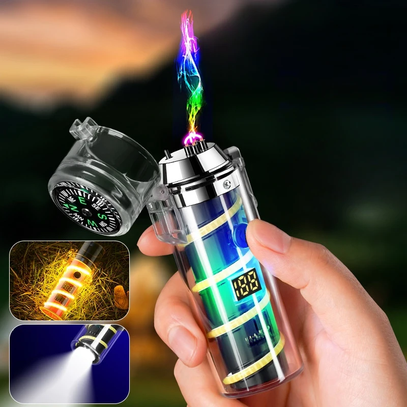 

Windproof Pulse Dual Arc Type C Rechargeable Lighter Transparent Case Compass LED Digital Power Display Illuminator Gift for Men