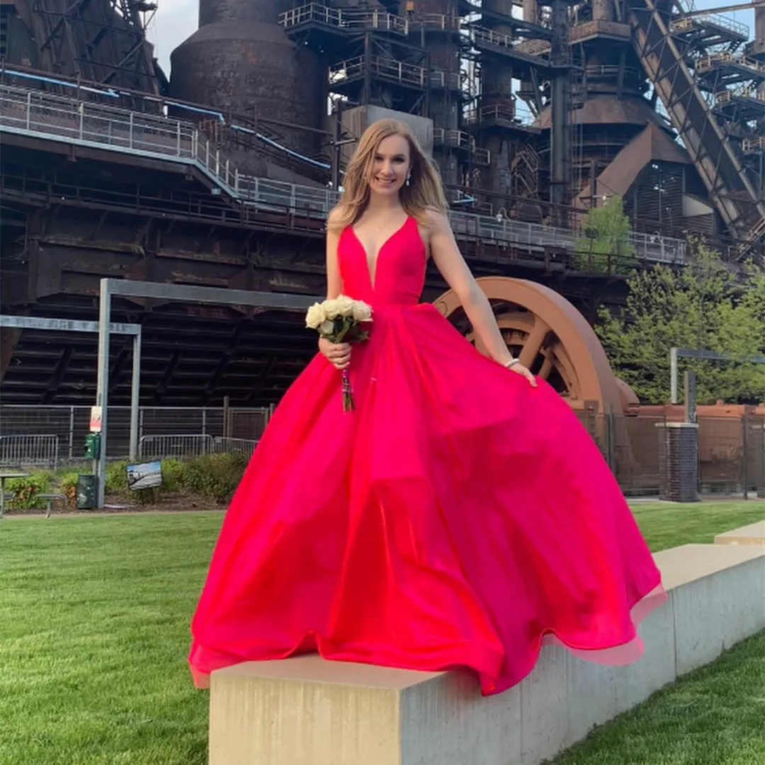 

Длинные атласные Выпускные платья с V-образным вырезом, ТРАПЕЦИЕВИДНОЕ вечернее платье, соблазнительное формальное платье с открытой спино...