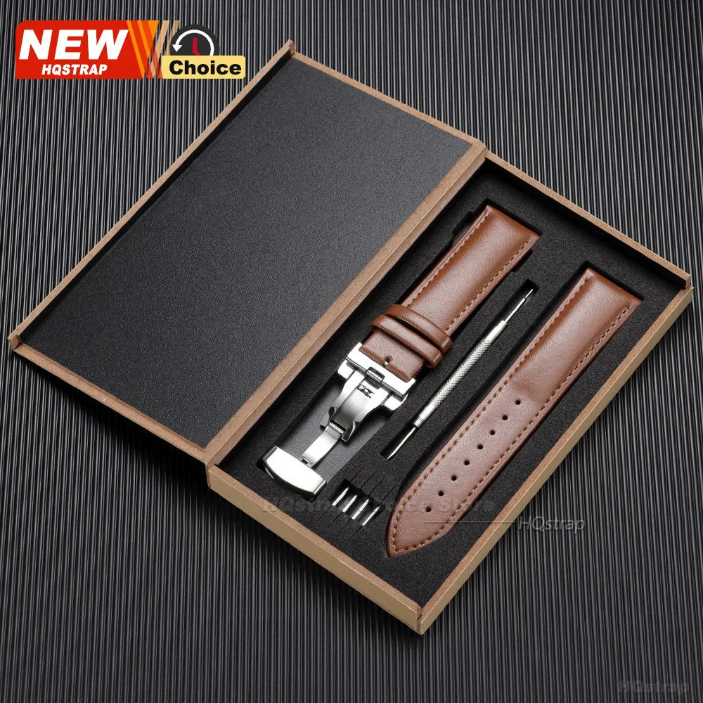 Luxurious Genuine Calfskin Leather Watch Strap with Butterfly Buckle in Elegant Wooden Box