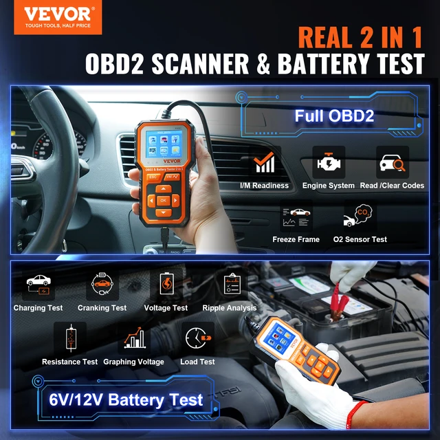 VEVOR OBD2 Scanner Battery Tester 6V/12V - Upgrade 2 IN1 OBD Scanner  Diagnostic Tool Car 100