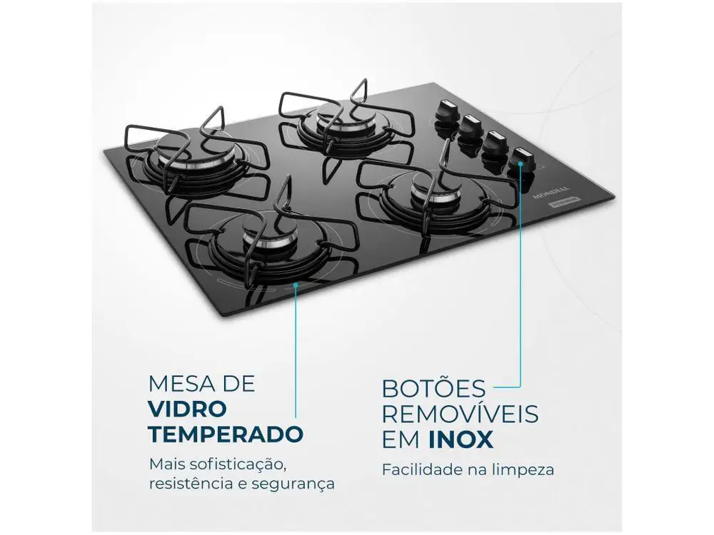 Cooktop 4 Bocas Mondial a Gás GLP Preto - Bivolt 5