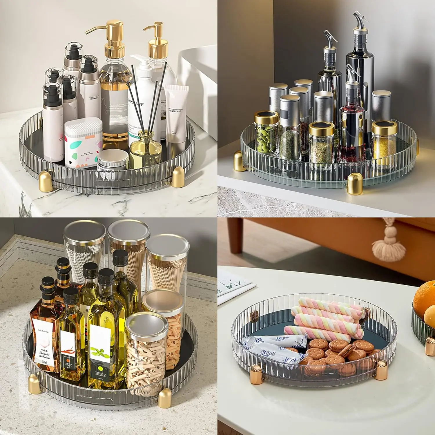 360 Degree 11inch Turntable Spice Rack Organizer, Clear Round Rotating Condiment Holder Storage Tray For Cabinets Pantry