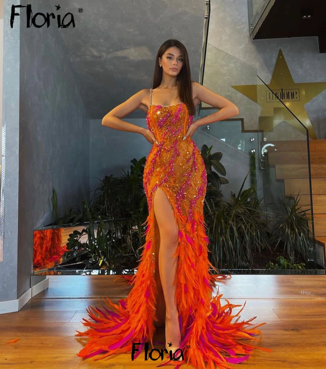 Halter V Neck High Split Sexy Orange Prom Dress - Xdressy