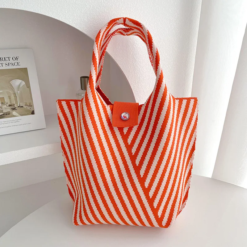 New Striped Knitted Mini Tote Bag Women Girl Casual Shoulder Bag Student Handbag Retro Commuter Bucket Bag Money Purse 28x18cm