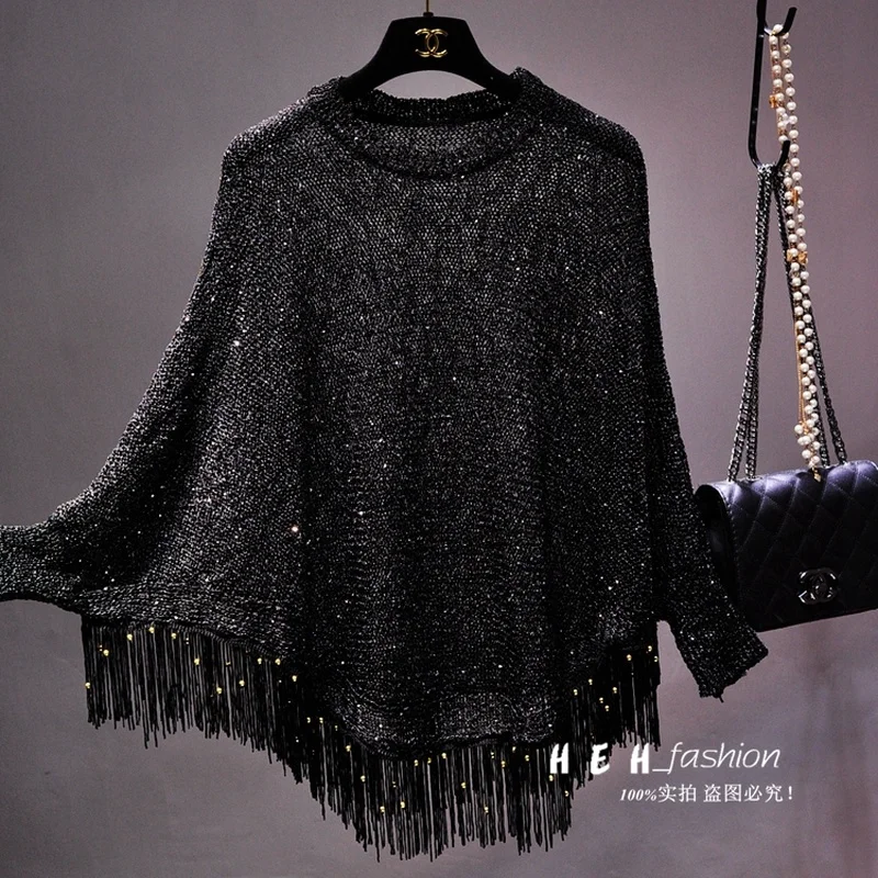 

Spring 2023 Thin Hollow Sexy Sequined Tassel Cape Loose Pullover Shawl Knitted Sunscreen Bat Shirt for Women