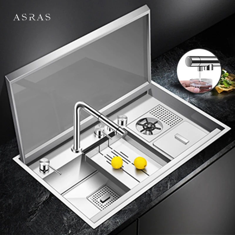 

ASRAS SUS 304 Stainless Steel Hidden Flip Cover Kitchen Sink 4mm Thickness Handmade kitchen Cup Rinser With Trash Can s