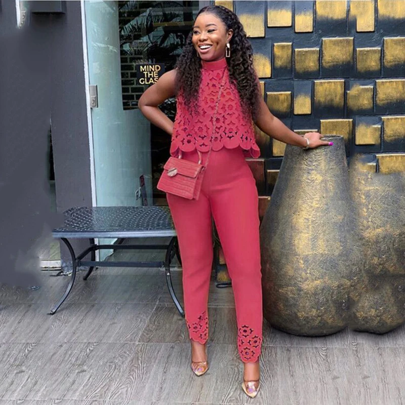 

Solid Women Two Piece Outfits 2023 Fashion New Turtleneck Hollow Out Tops & Pencil Pants Sets Office Ladies Casaul Elegant Suits
