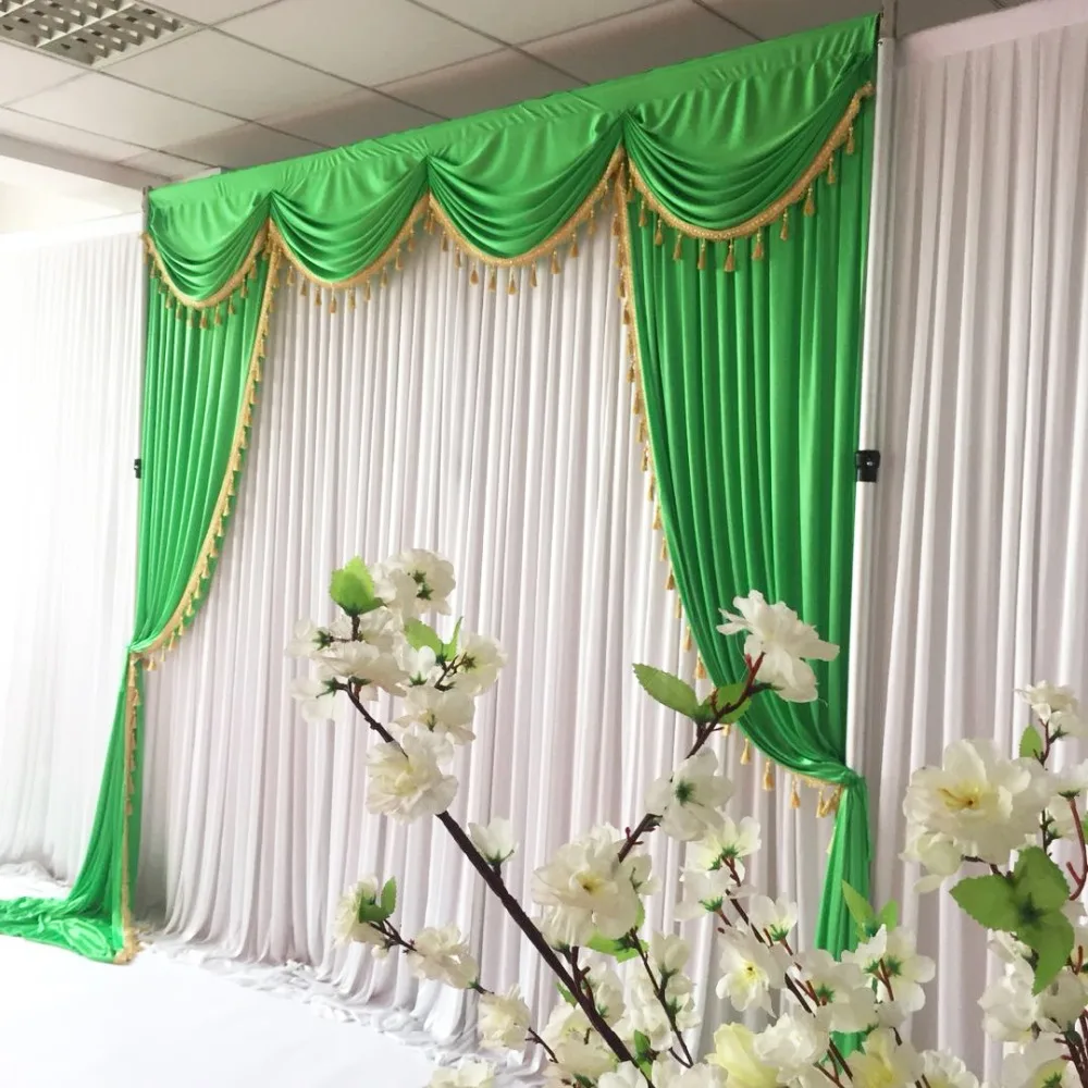 

3mWx3mH White Curtain Green Swags Drapes With Tassels Backdrop Wedding Decoration