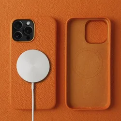 Premium Genuine Leather Magnetic Case for iPhone 15 (Orange)