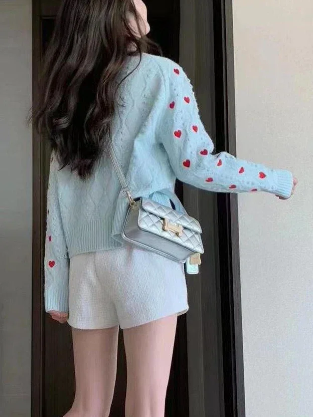 여성용 러브 하트 가디건 스웨터, 부드러운 O넥 긴팔 니트웨어, 귀여운 짧은 니트 점퍼, 느슨한 한국 스트리트웨어 탑