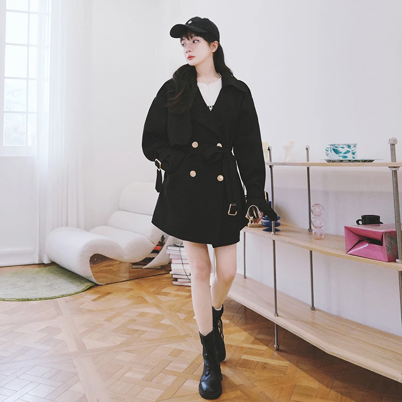 

Metal Double Breasted Black Trench Coat Outerwear Spring Fall Women Elegant Fashion British Style Loose Windbreaker Female 8660