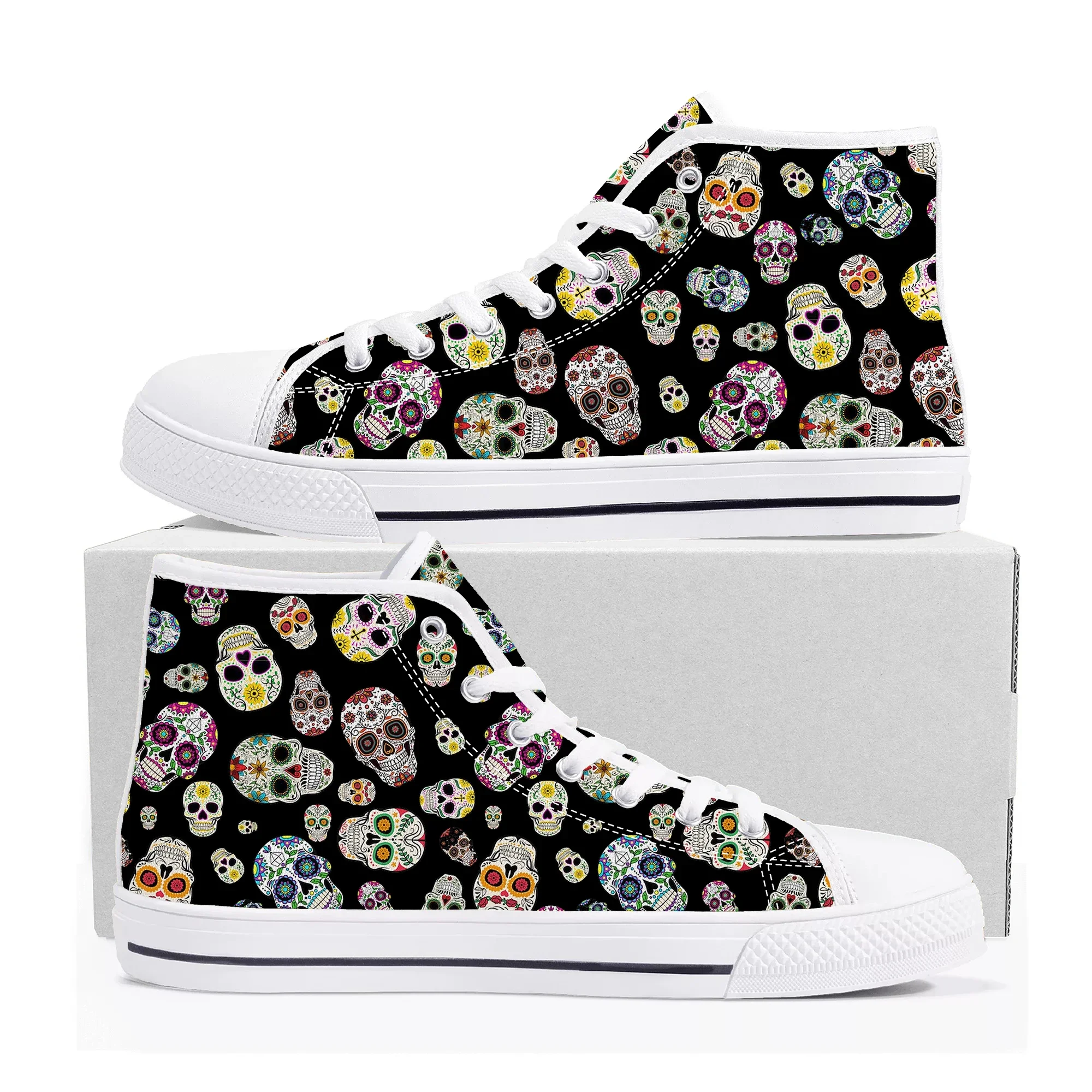 Retro Sugar Skull Floral Printed High Top Sneakers Mens Womens Teenager Canvas Sneaker Casual Custom Made Shoes Customize Shoe