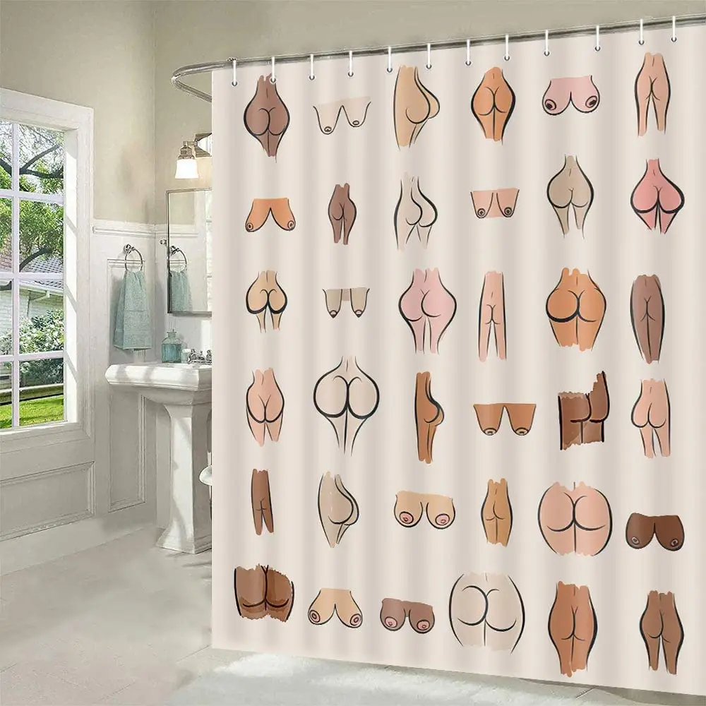 

Funny Butt Shower Curtain Butt Sexy Hilarious Boobs Fabric Shower Curtains White Restroom Art Decor Waterproof with Hooks