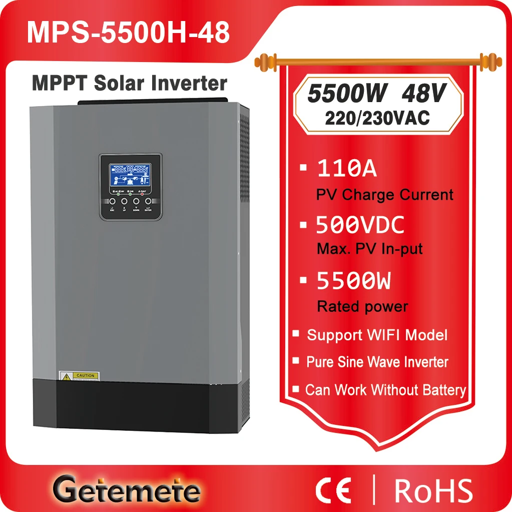 

GTMT 5500W Solar Inverter MPPT 110A 48V Off Grid LCD Remote Control Hybrid Inversor 230V Input Max PV 500VDC with WIFI Module