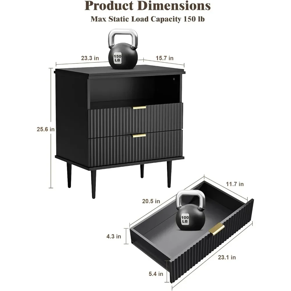 With Charging Station, Wide Fluted Nightstand,  Dresser with Storage Drawers, Bedside Table with Metal Handle & Leg 2